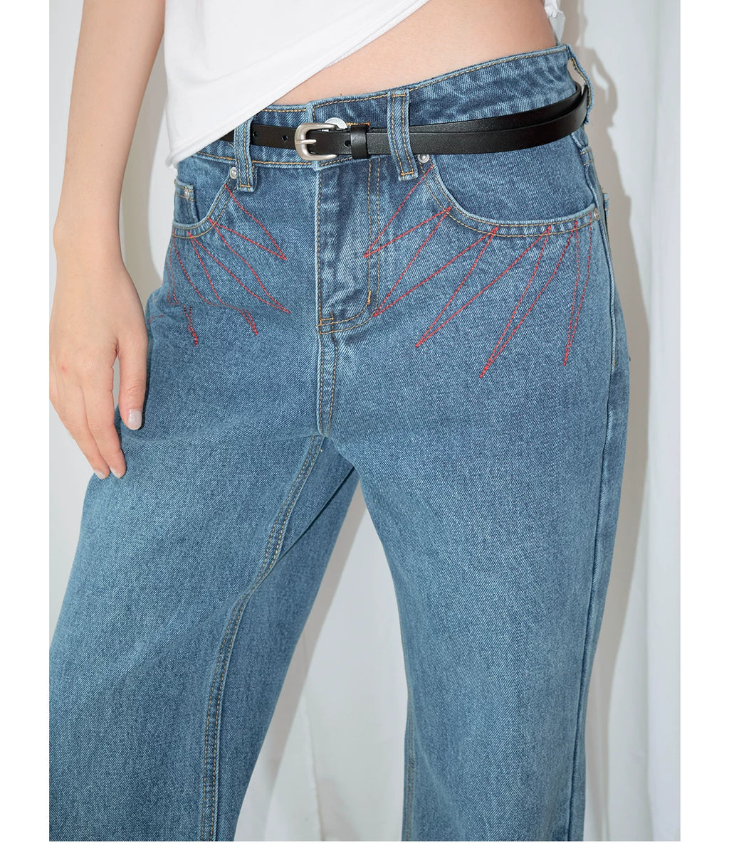 FUNKYFUN Retro Embroidered Slightly Pulled Old Jeans