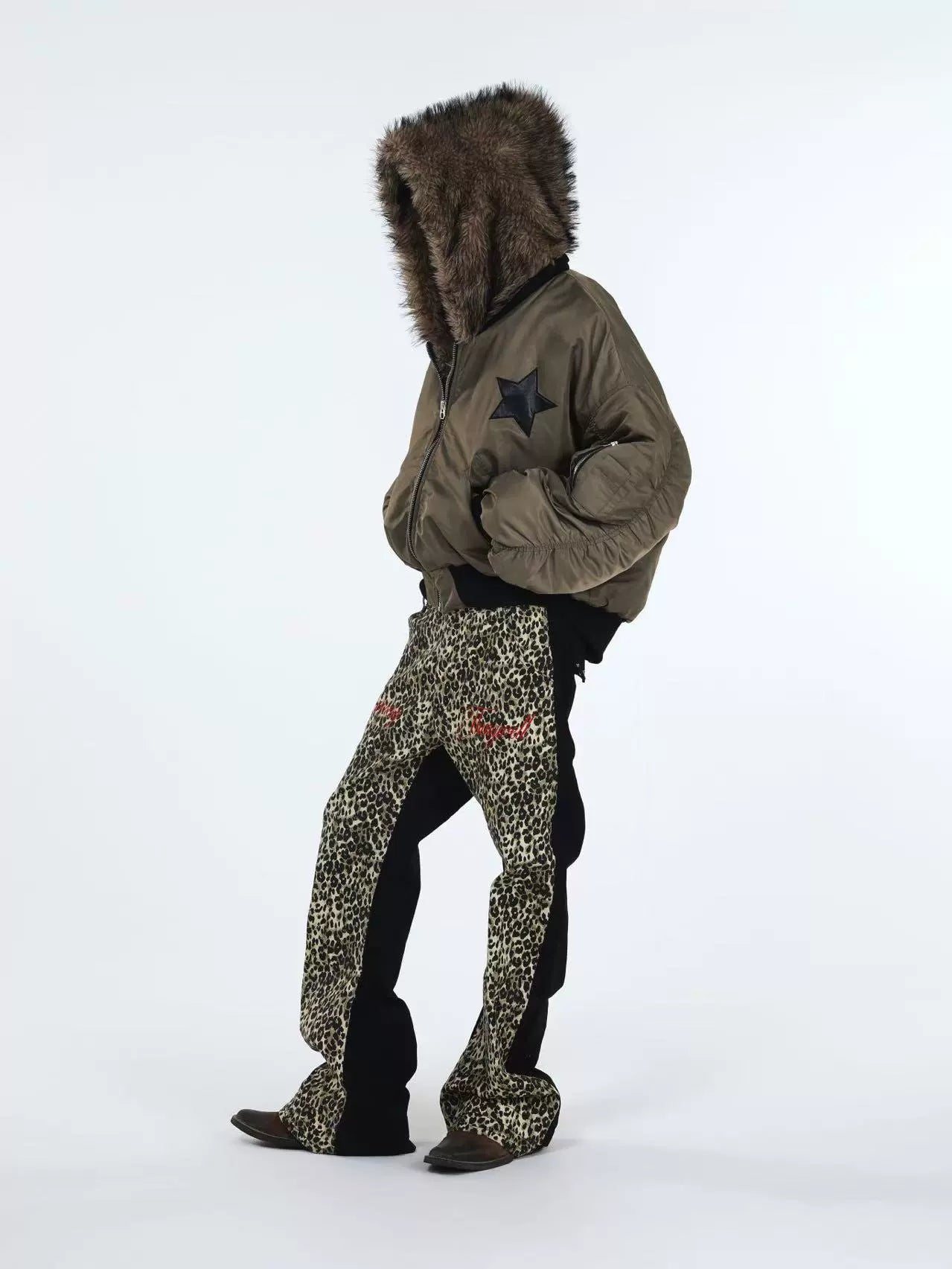 DETW Five-pointed Star Fake Two-piece Fur Collar Hooded Cotton Dress