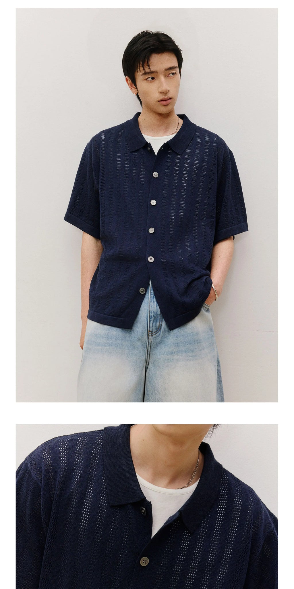 LR MADE Hollow Breathable Short-sleeved Knitted Shirt