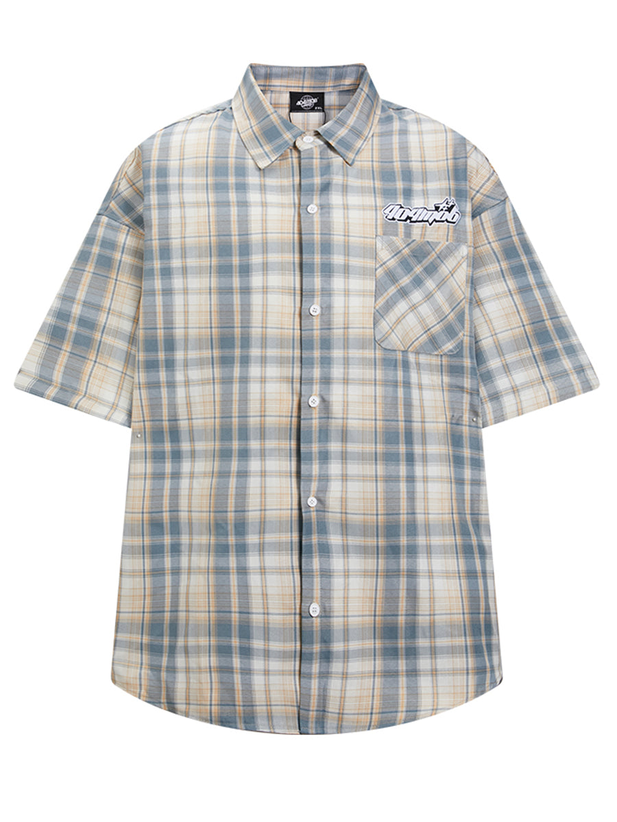 404MOB Multi-color Plaid JK Textured Lapel Embroidered Short Sleeve Shirt