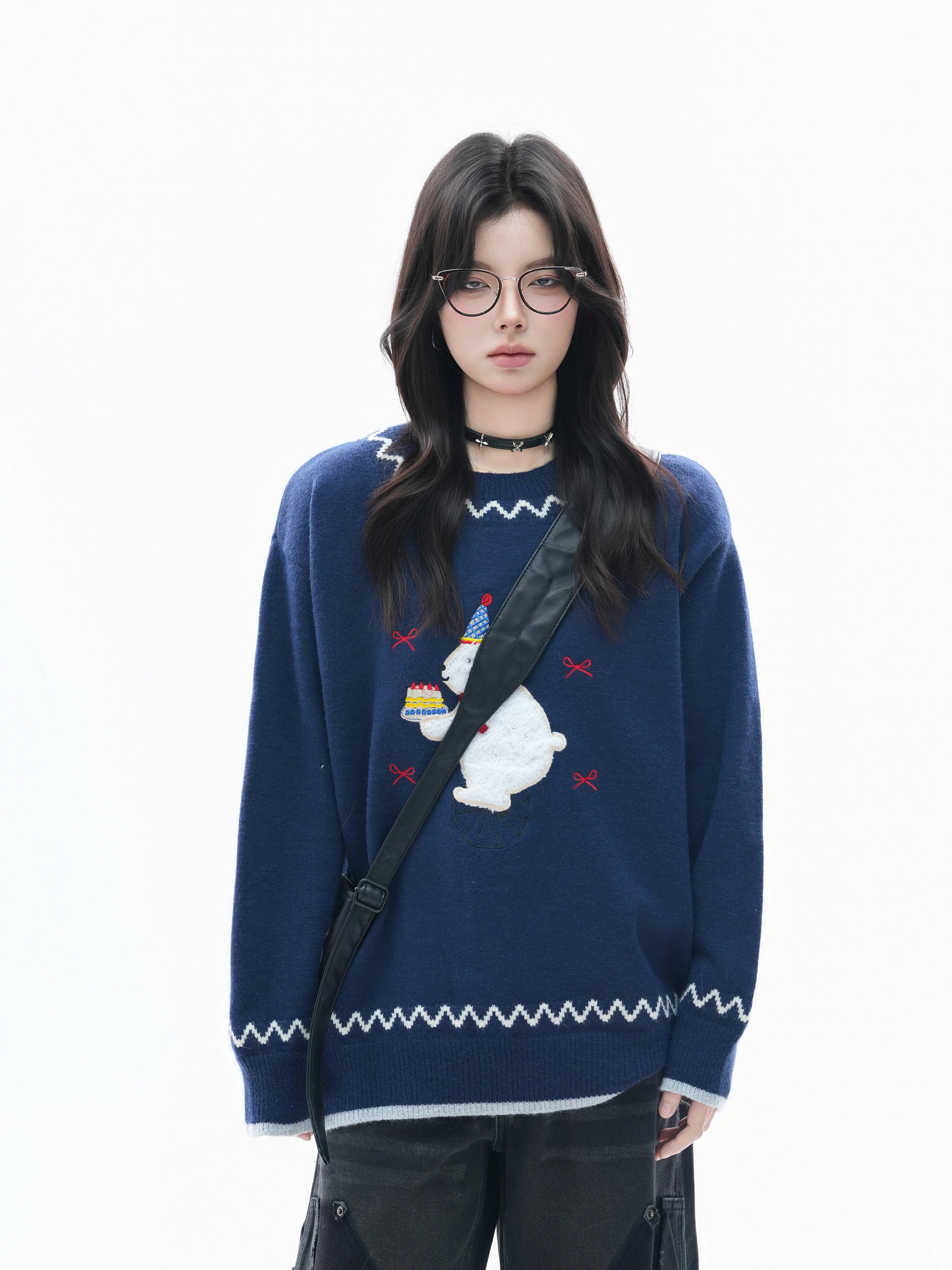 Zuocisankon Vintage Slack Embroidered Plush Rabbit Knitted Sweater