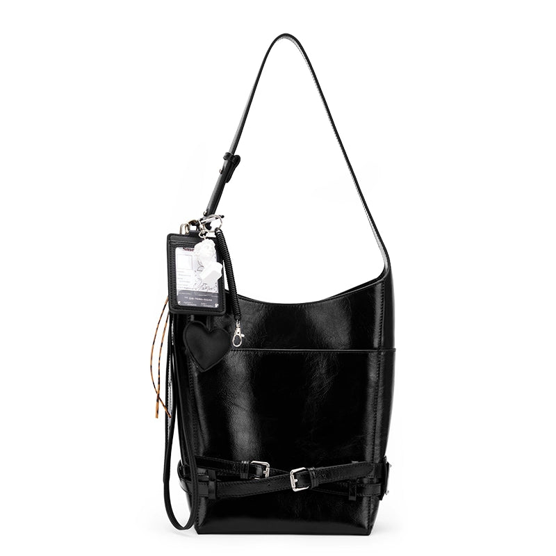 SmoSmos Retro Large Capacity Cowhide Shoulder Niche Bucket Bag