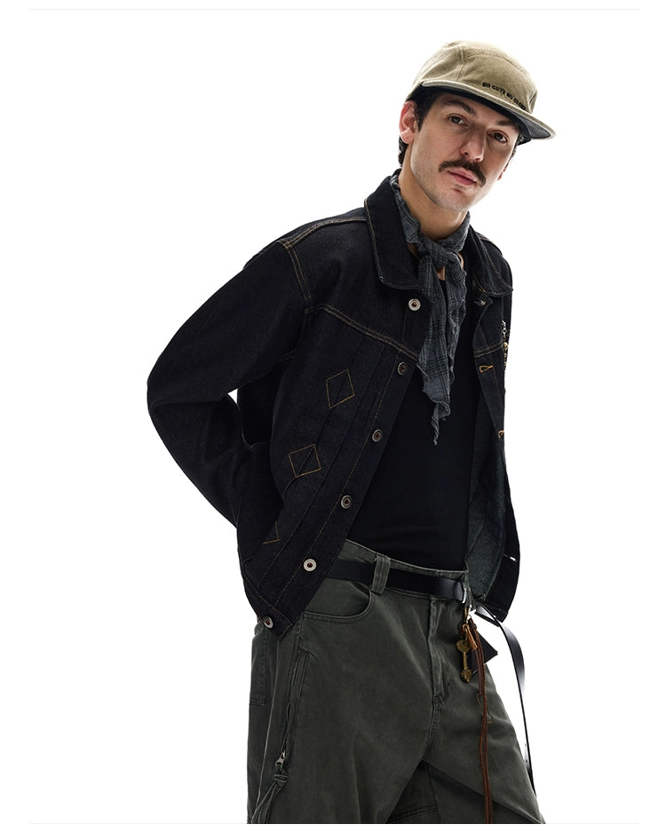MADWITCH Retro Ruffian Handsome Bright Line Design Sense Chain Denim Jacket