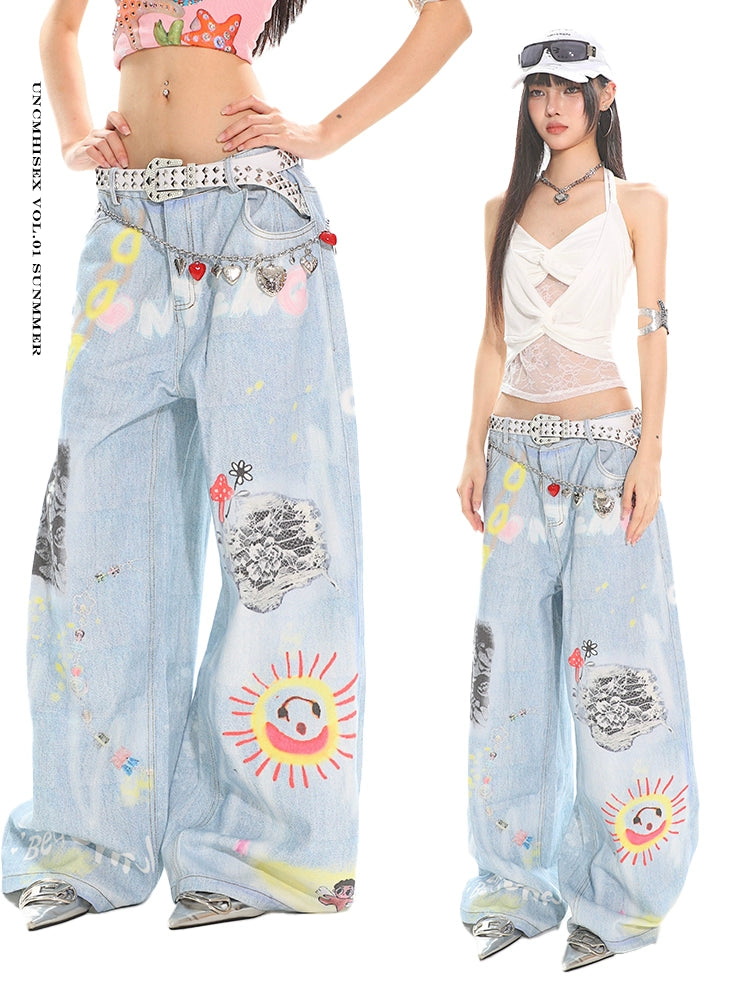 UNCMHISEX Graffiti Wide-leg Jeans