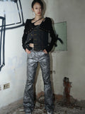 Enteralt Slightly Stretch Leopard Print Denim Flared Pants