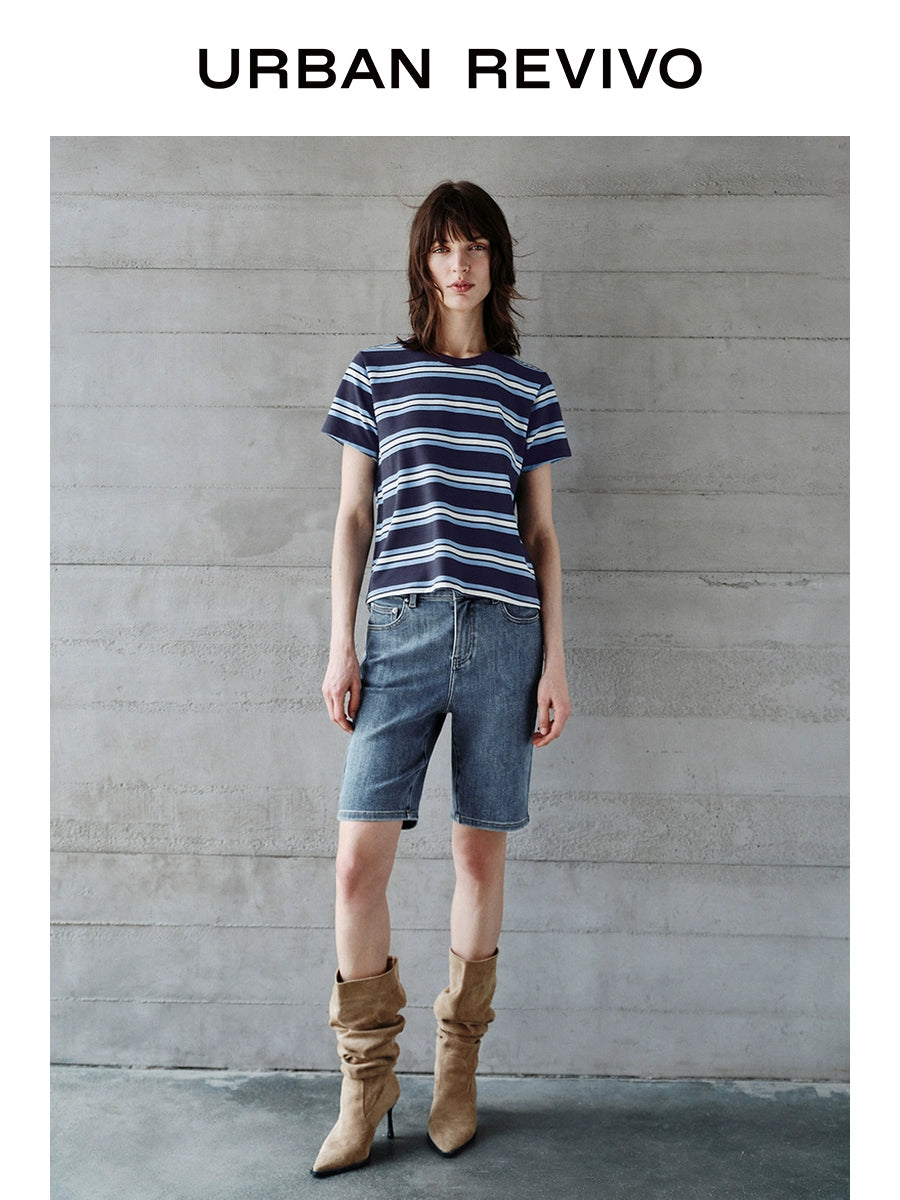 URBAN REVIVO Casual Contrasting Striped Crew Neck Tee