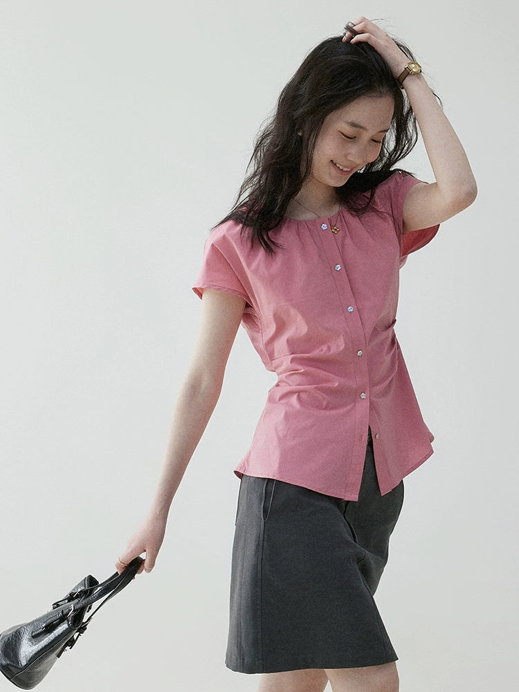 VOOE Crew Neck Waist Pleated Strap-on Shirt