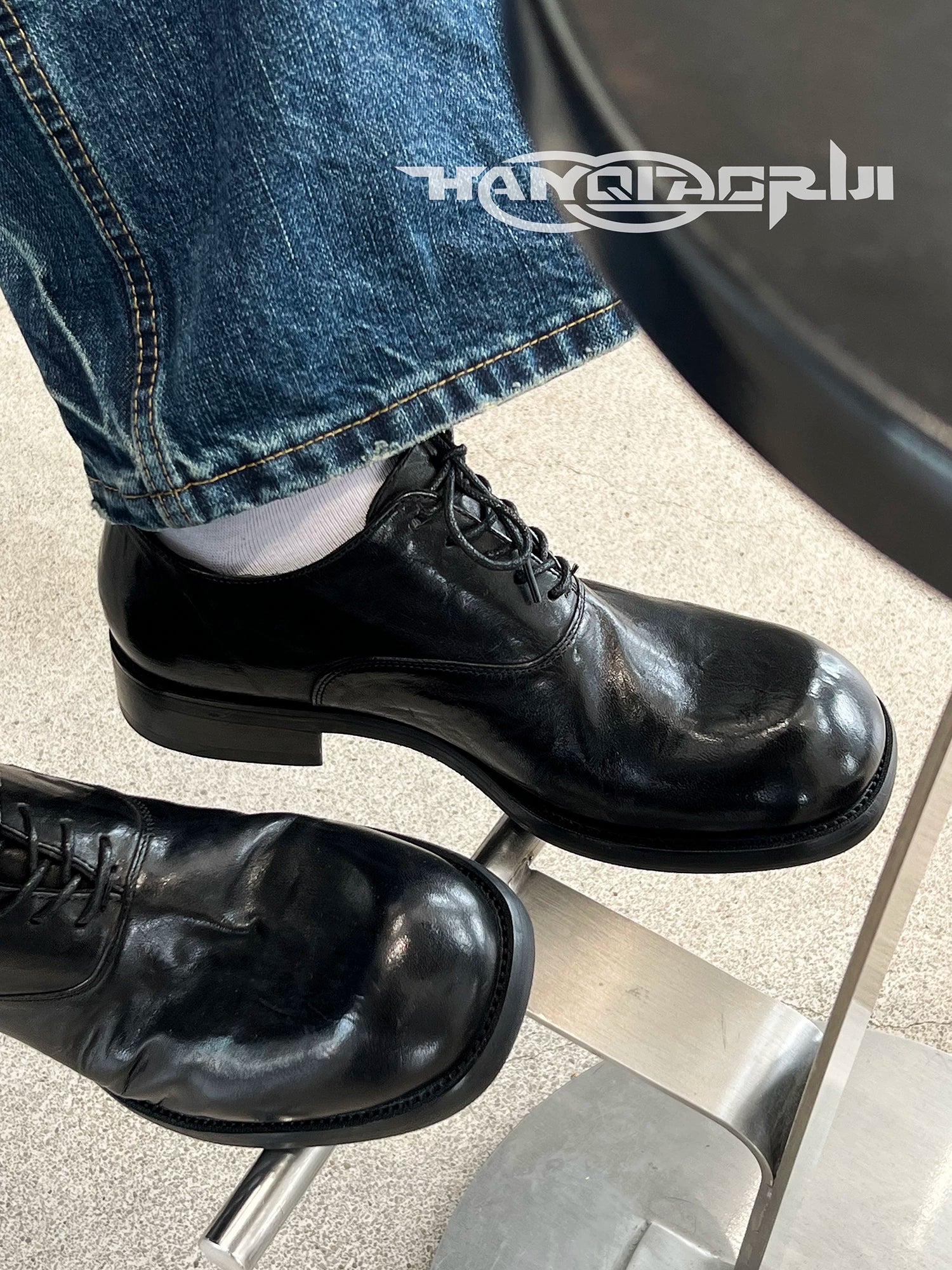 HANQIAORJI Washed Horse Leather Square Round Head Derby Shoes Leather Shoes