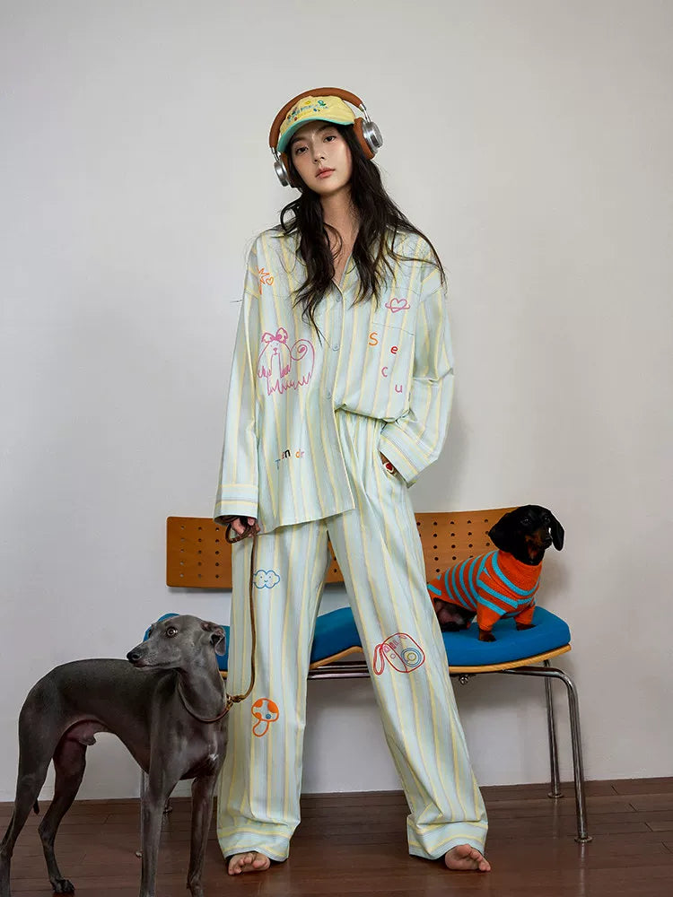YUENEI Striped Dopamine Cardigan Pajamas