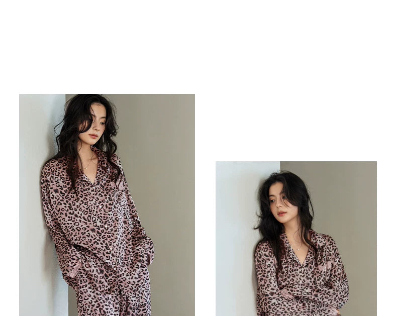 YUENEI Leopard Print Pink Silk Ice Silk Long-sleeved Trousers Pajamas
