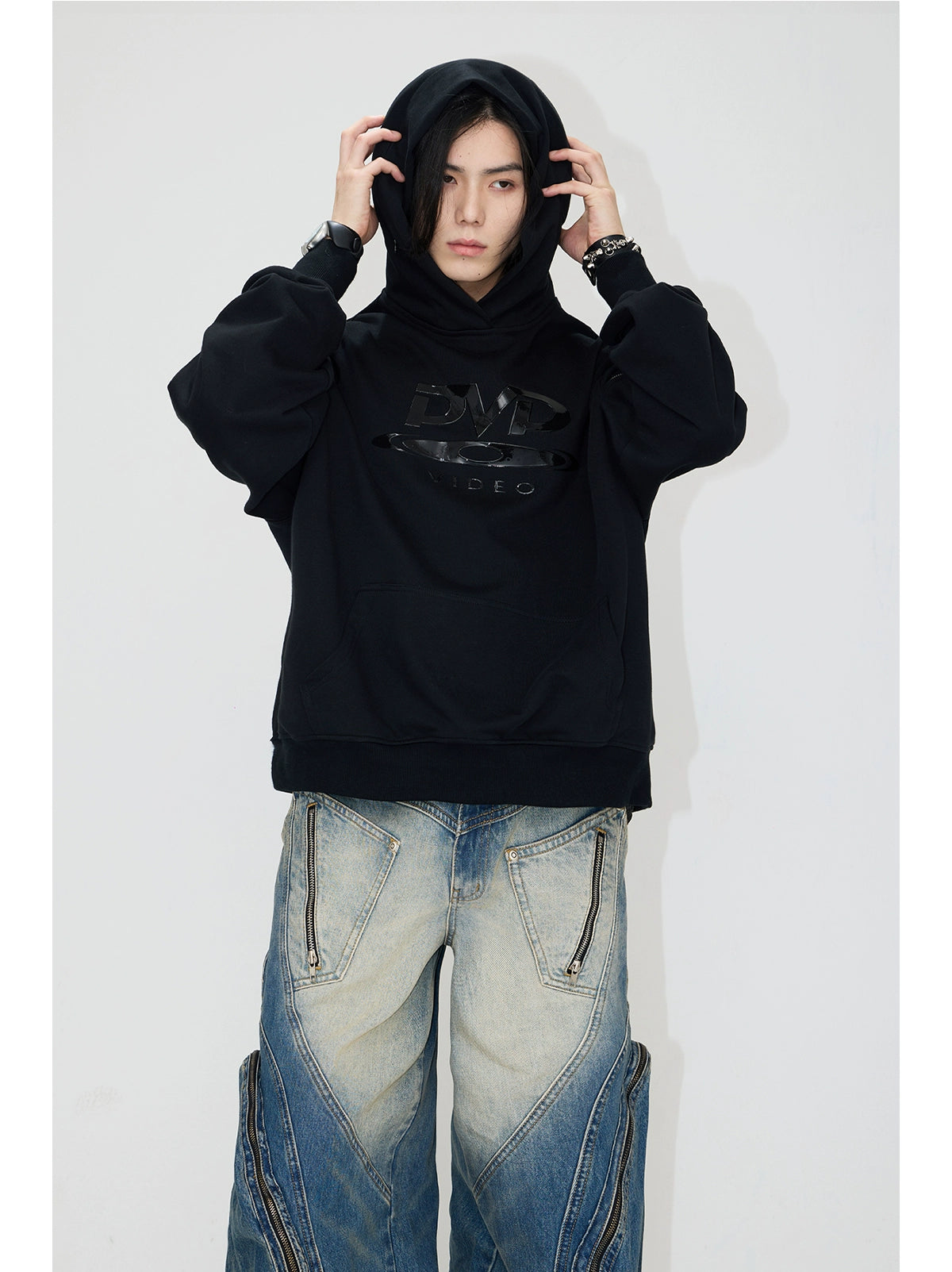 PEOPLESTYLE "DVD" Silicone Print Hidden Zipper Structure Hooded Sweater