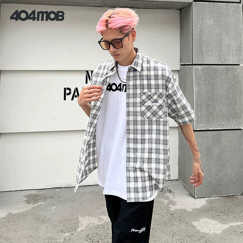 404MOB pure cotton black and white plaid short-sleeved shirt