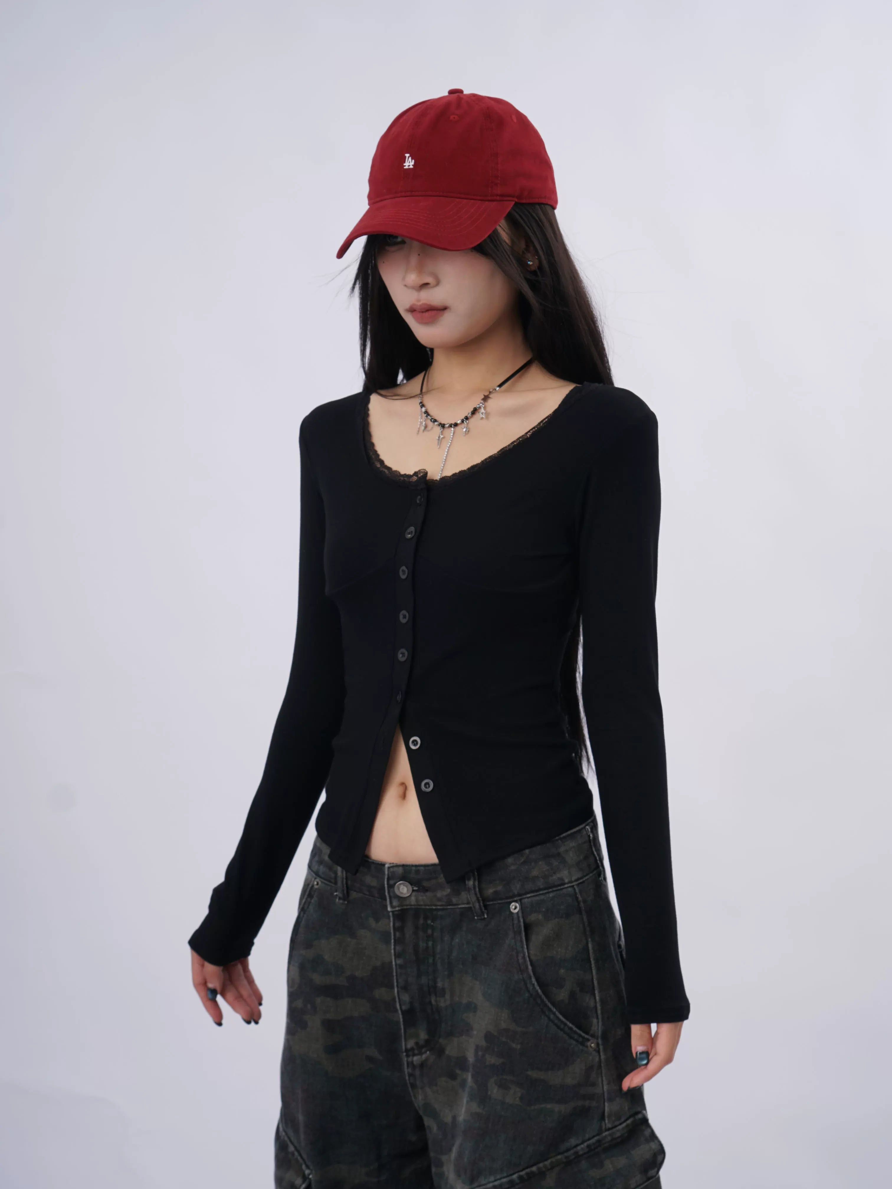 SAMUSAN Lace Stitching Slim Slim Long Sleeves