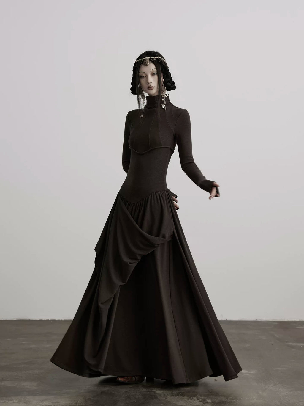 INDULGE Irregular Stand-up Neck Knitted Waist Dress