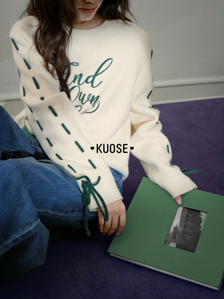 Kuose Bow Design Sense Embroidered Long Sleeve Knit