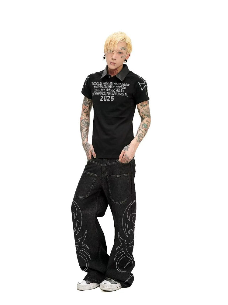 DETW 25ss * "Totem" original niche scimitar original cow snake pattern embroidery wide-footed commuter daily jeans