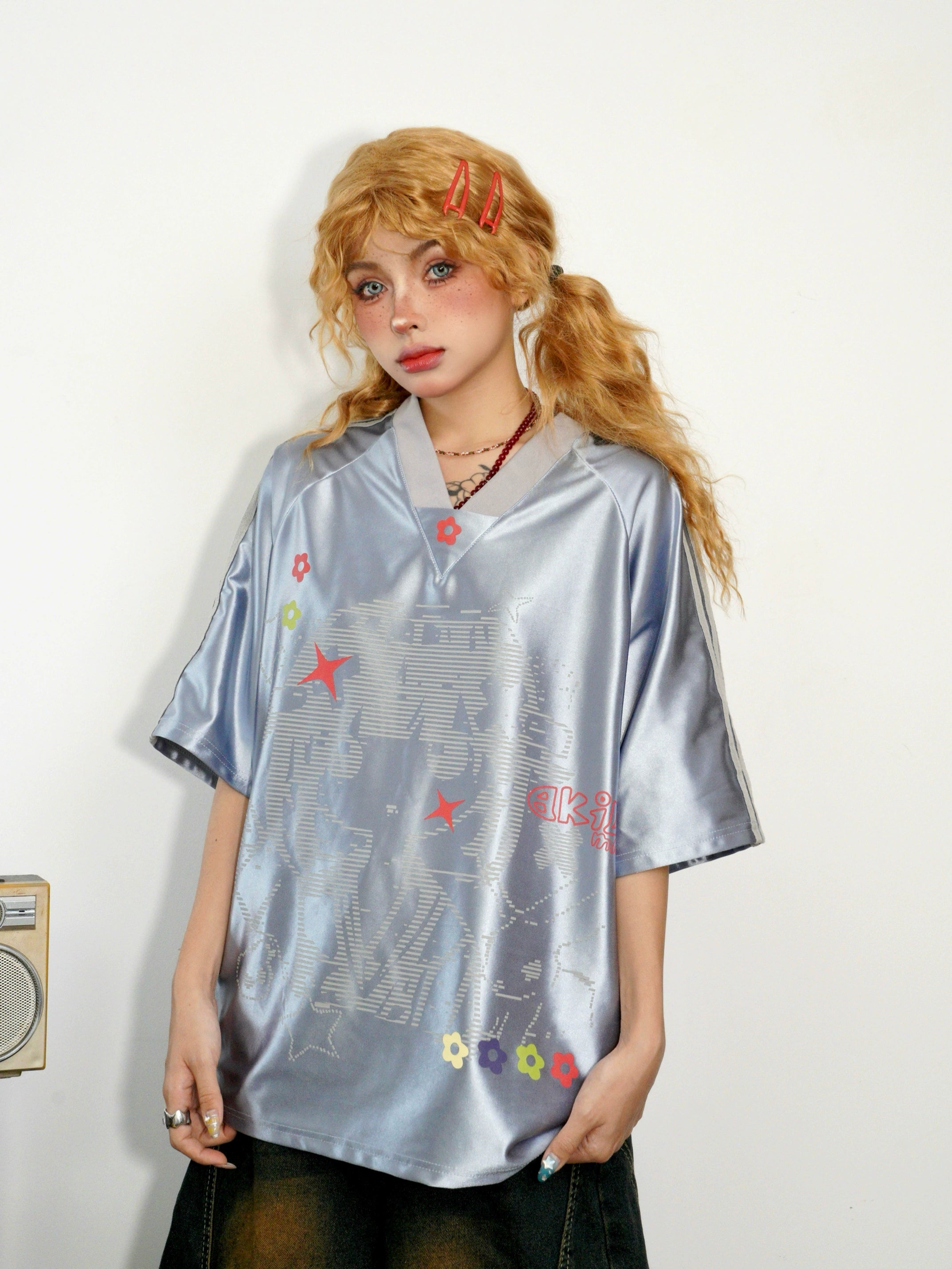 BANGU Retro Three-bar Cartoon Loose Jersey Tee