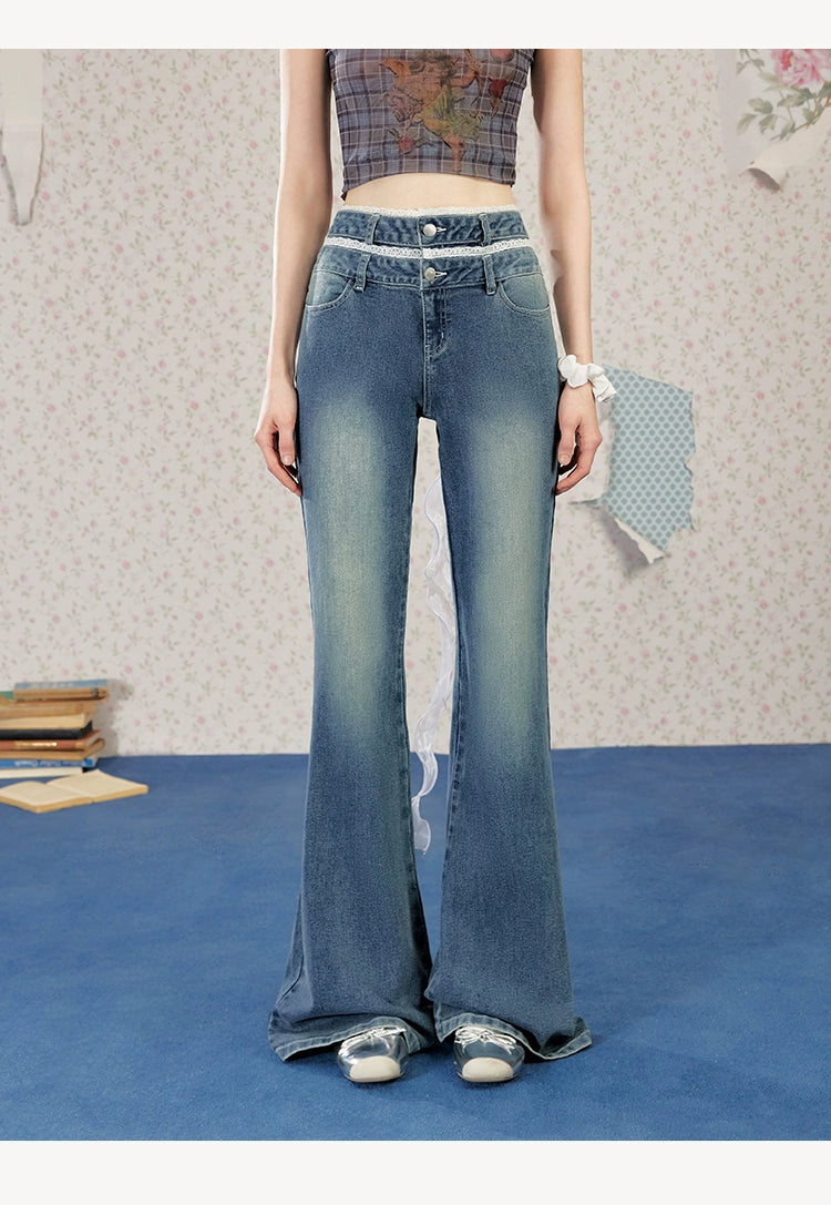 UNIFREE Double Waist Lace Stitching Slim Fit Jeans