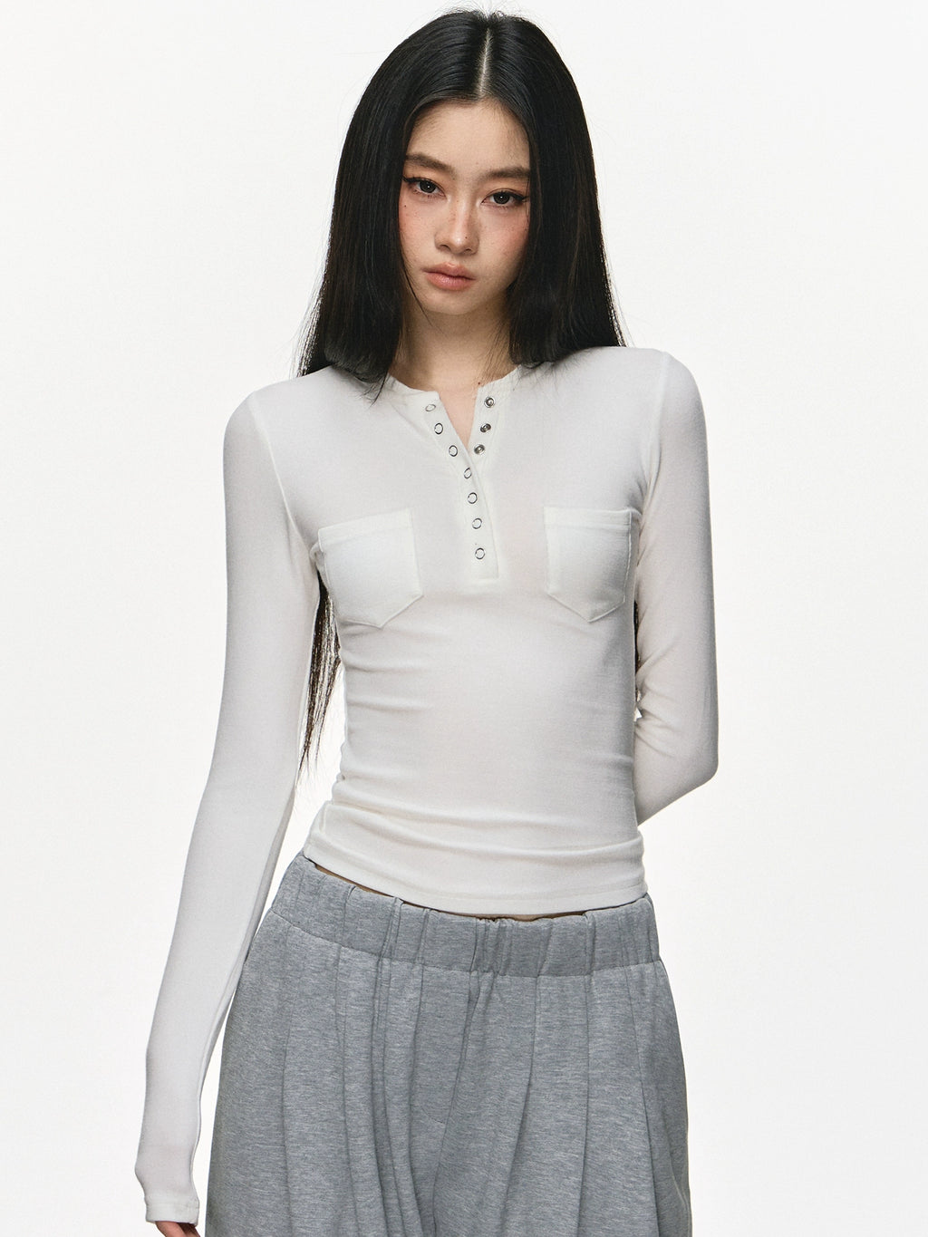 Anna Aneae Henry Collar Bottom Waist Front Shoulder Long Sleeves