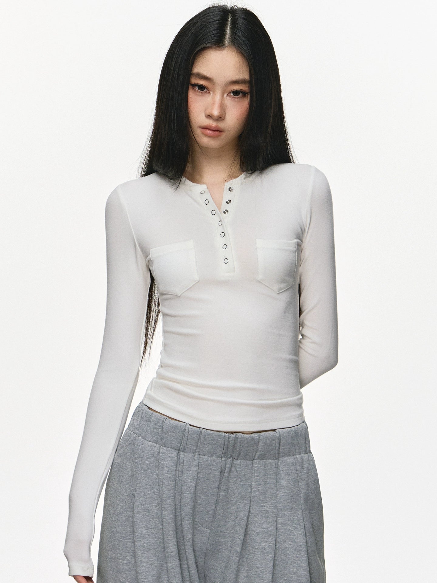 Anna Aneae Henry Collar Bottom Waist Front Shoulder Long Sleeves