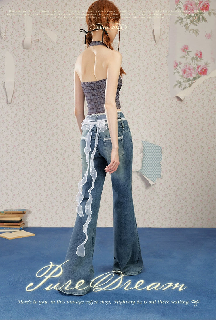 UNIFREE Double Waist Lace Stitching Slim Fit Jeans