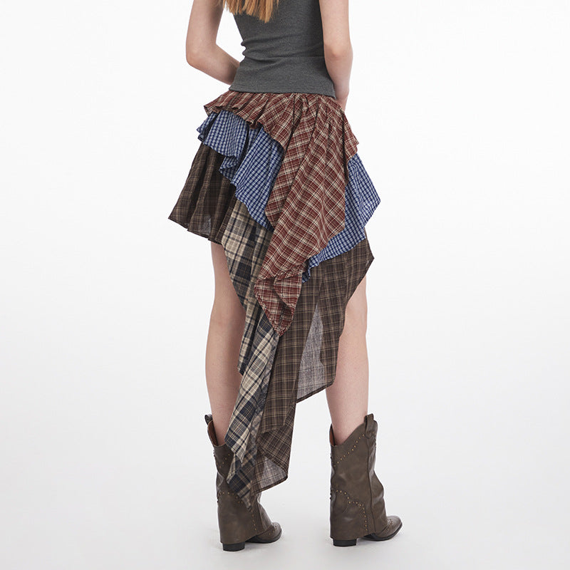 Nariele Irregular High Waist Plaid Splicing Short Skirt