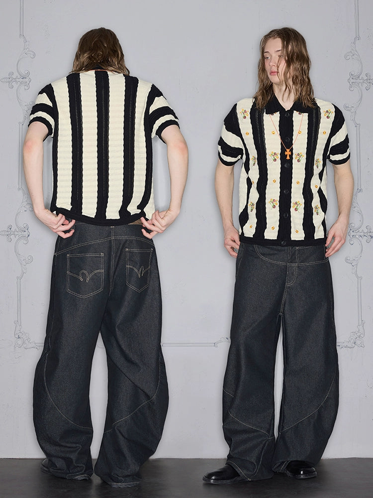 Rocawear Strawberry Flower Embroidered Knitted Short Sleeve Shirt