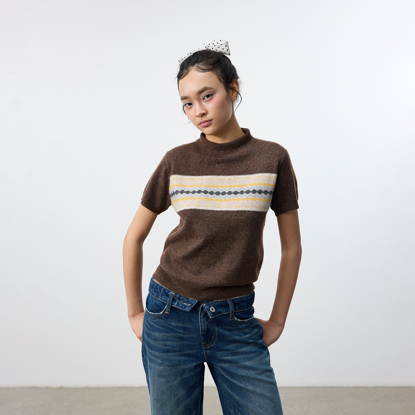 Set for life Lazy Sur fleece jacquard semi-turtleneck knitted short sleeves