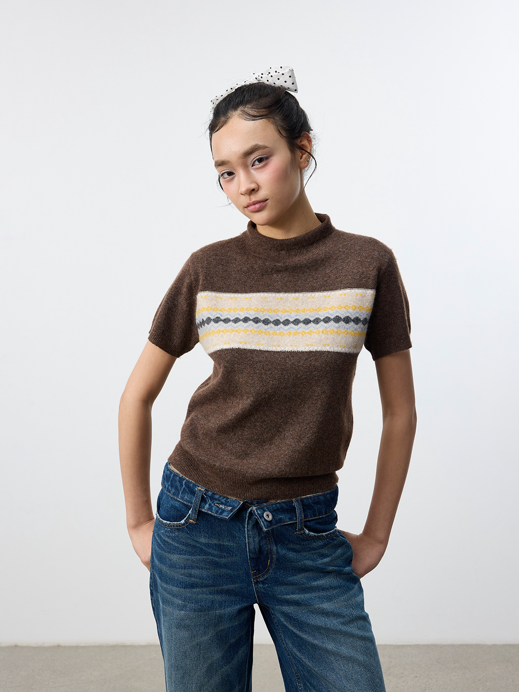 Set for life Lazy Sur fleece jacquard semi-turtleneck knitted short sleeves