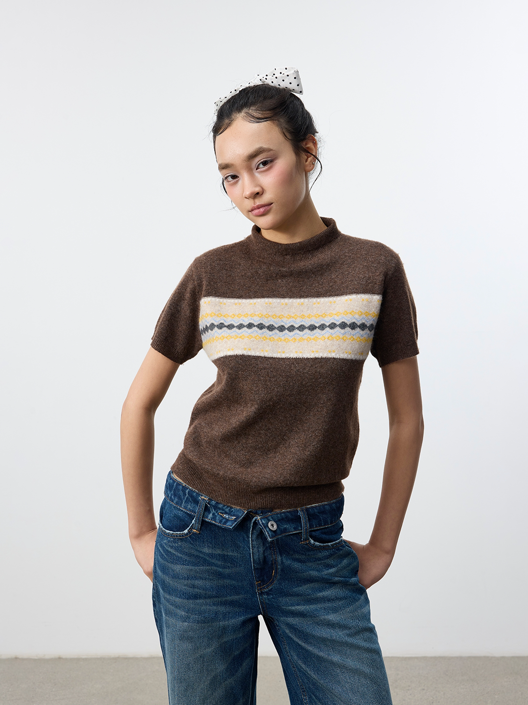 Set for life Lazy Sur fleece jacquard semi-turtleneck knitted short sleeves