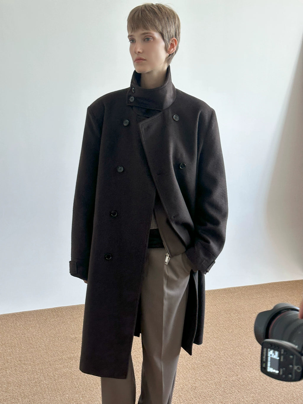 COLN Wool Double-breasted Stand-up Coat