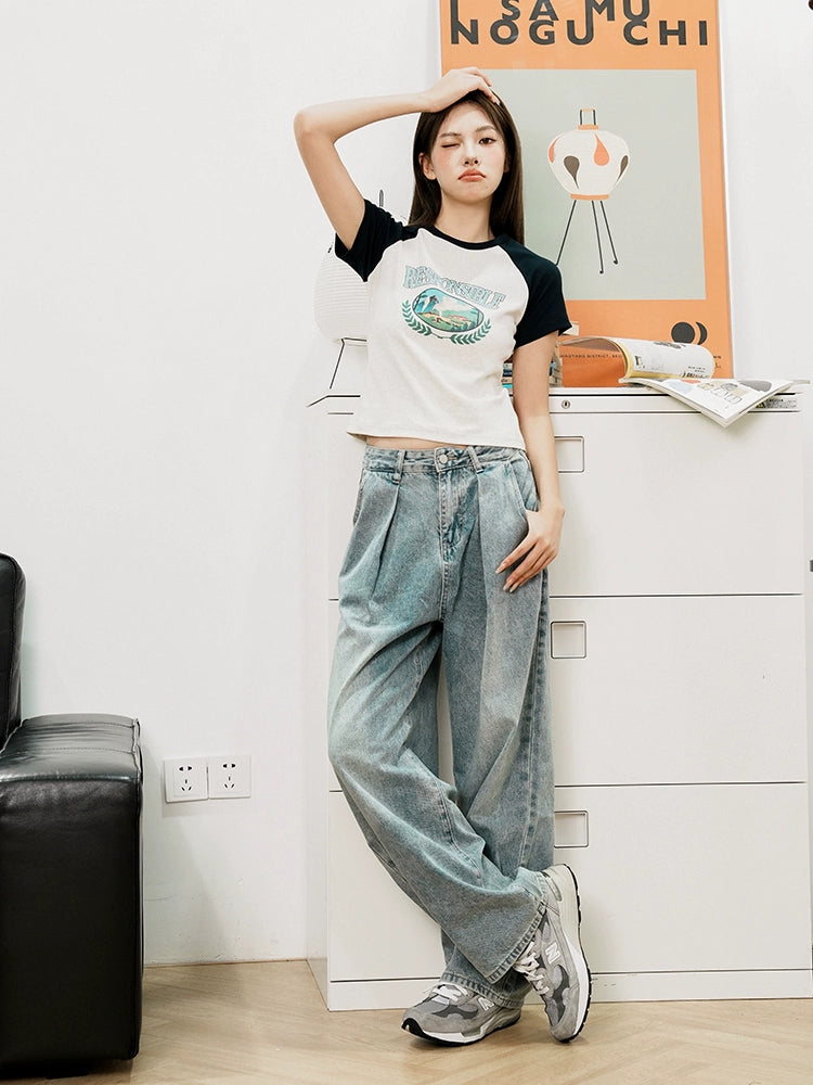 RPB BRAND Straight Shoulder Contrast Color Ragglar Sleeve Slim Tee