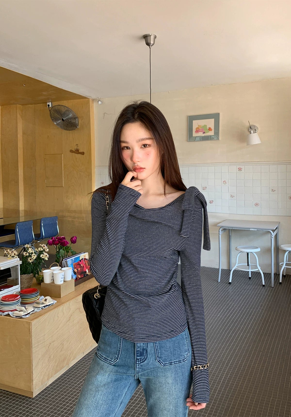 Kano Swing Neck Strap Striped Long Sleeve