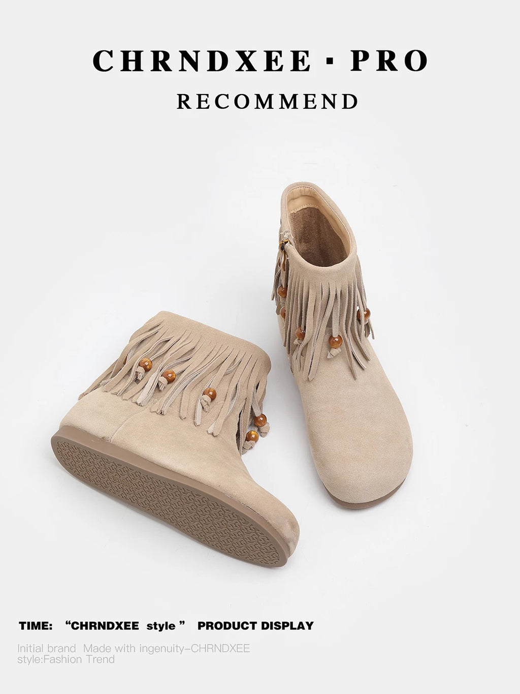 CHRNDXEE Frosted Suede Side Zipper Fringed Flat Boots