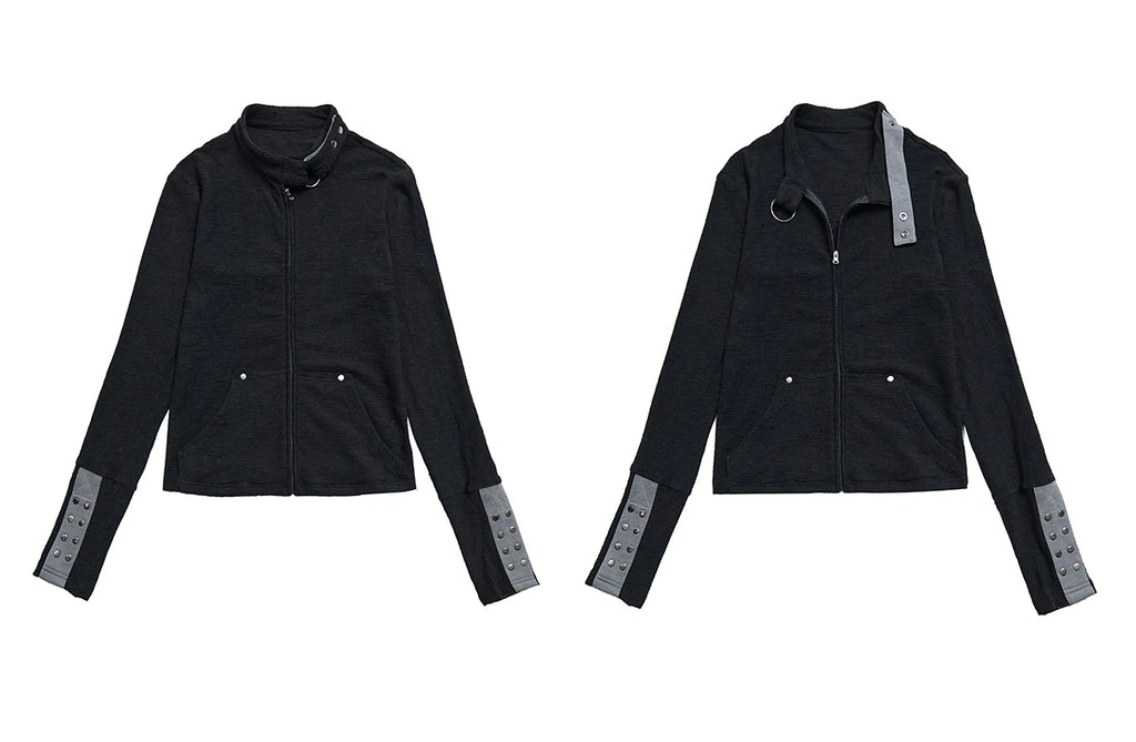 WearAndtear Stitching Rivet Neckline Slim Stand-up Collar Jacket
