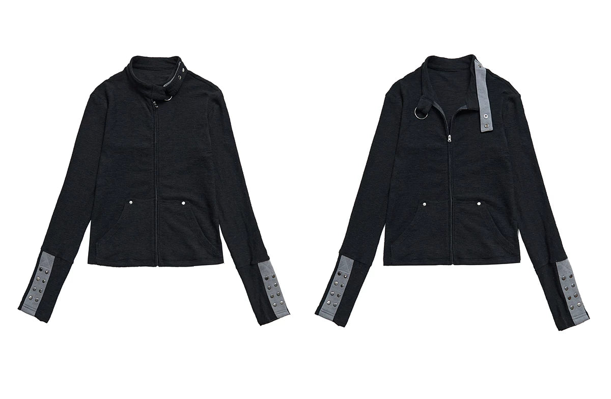 WearAndtear Stitching Rivet Neckline Slim Stand-up Collar Jacket