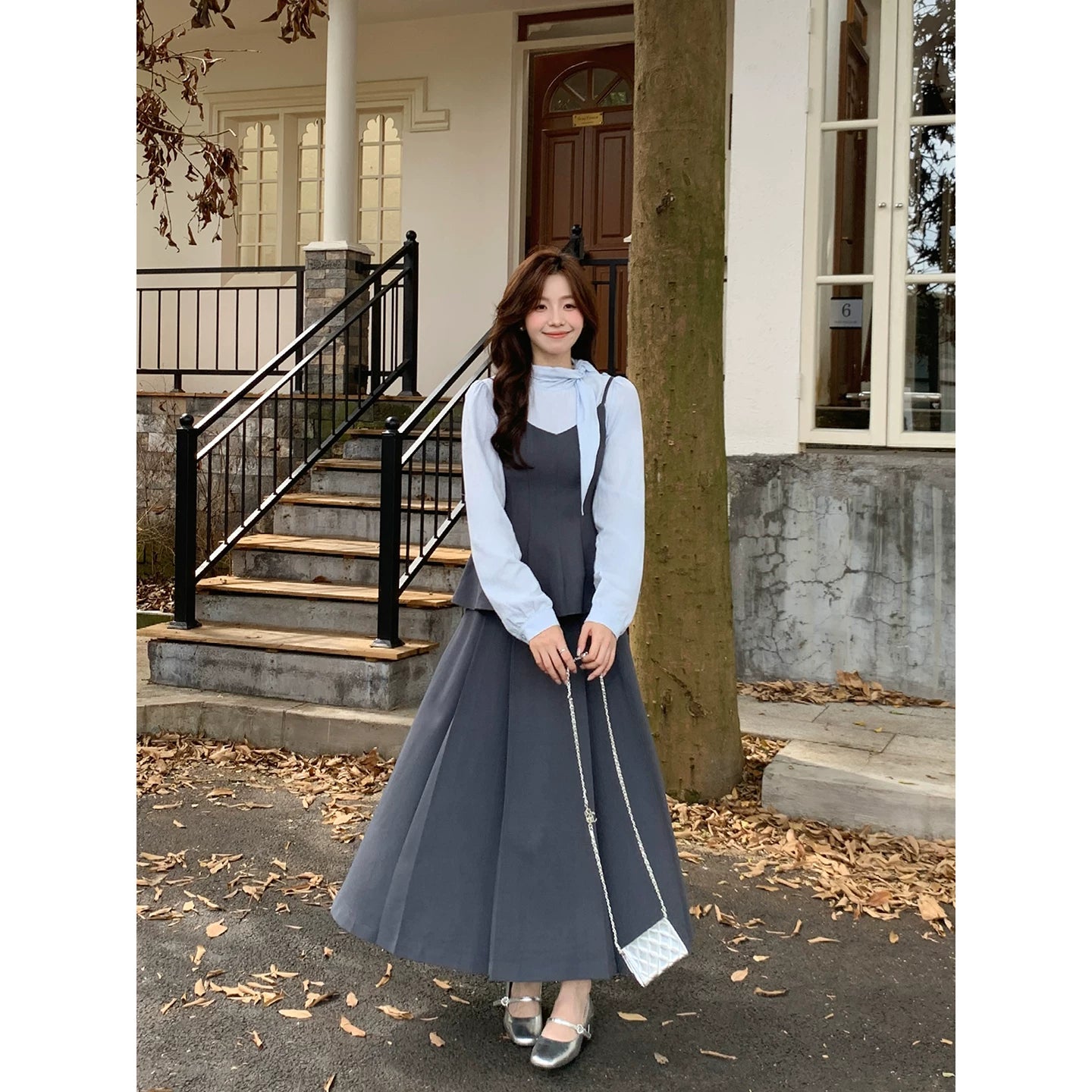 Even Fake Two-piece Suspender Waist Top + Skirt Set