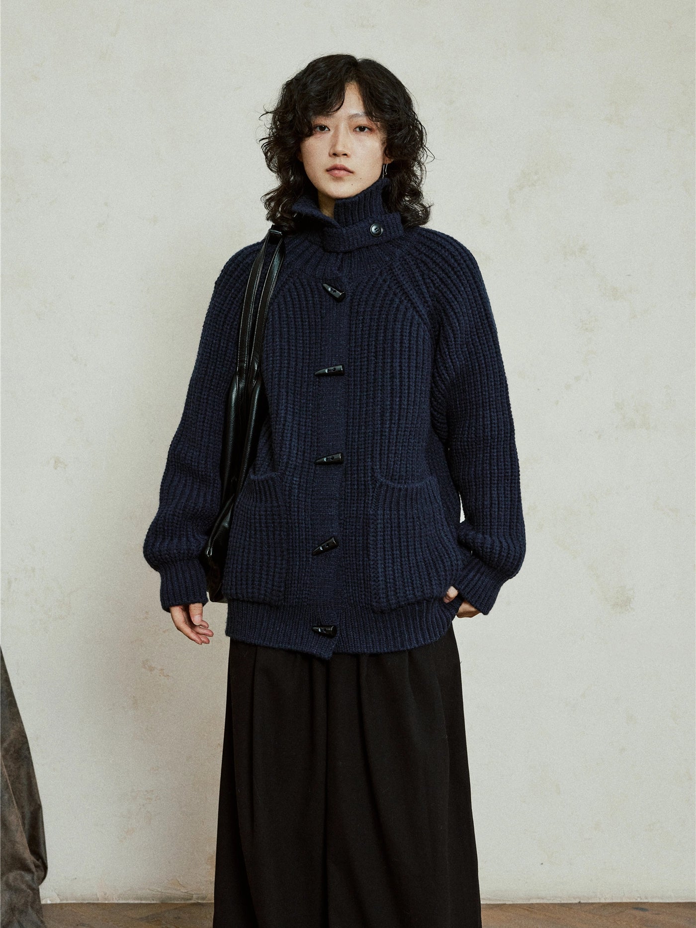 SUNYVONN Horn Buckle Stand-up Neck Knitted Cardigan