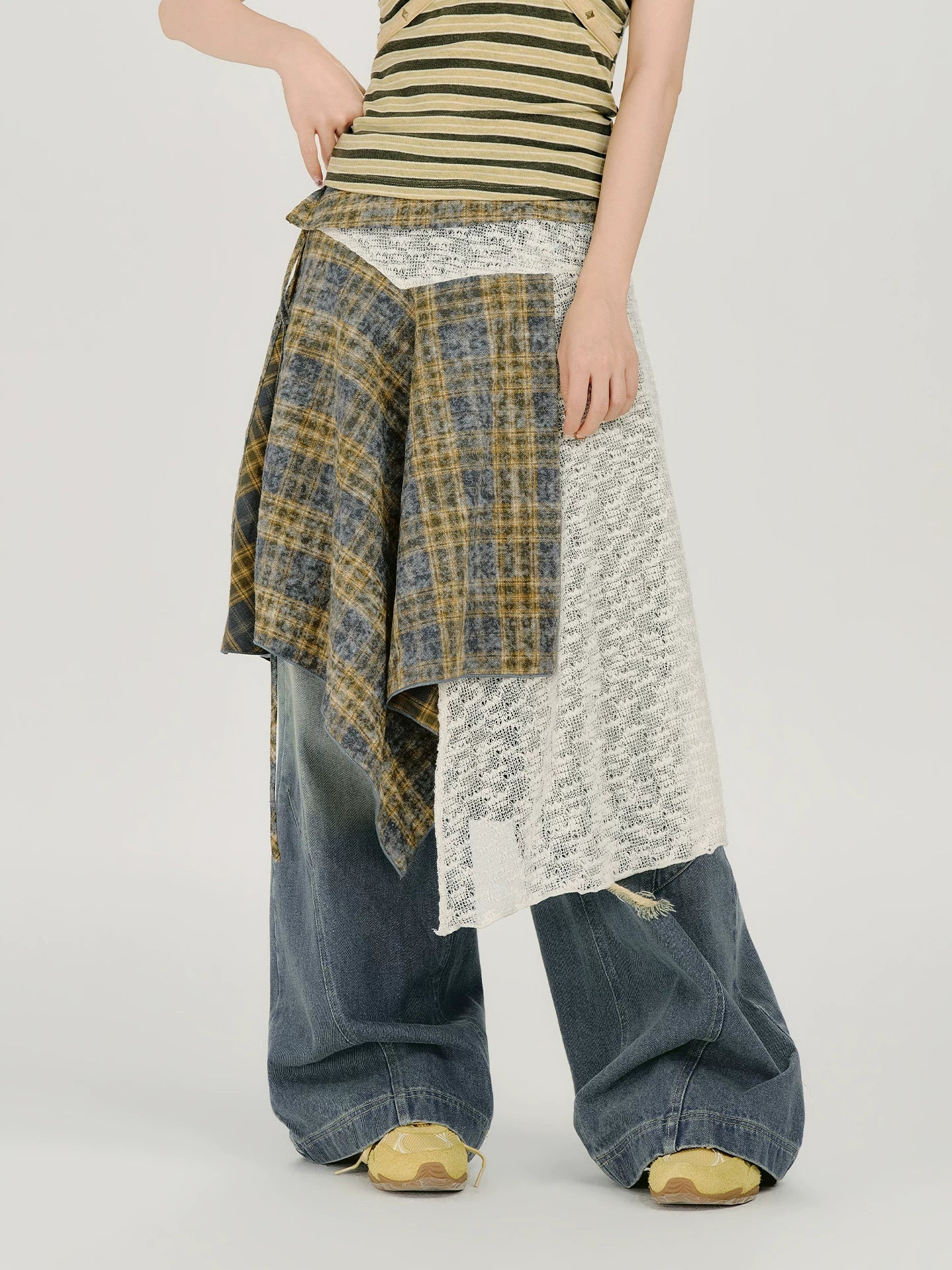 Girlyhalo Irregular Lace Plaid Fart Curtain