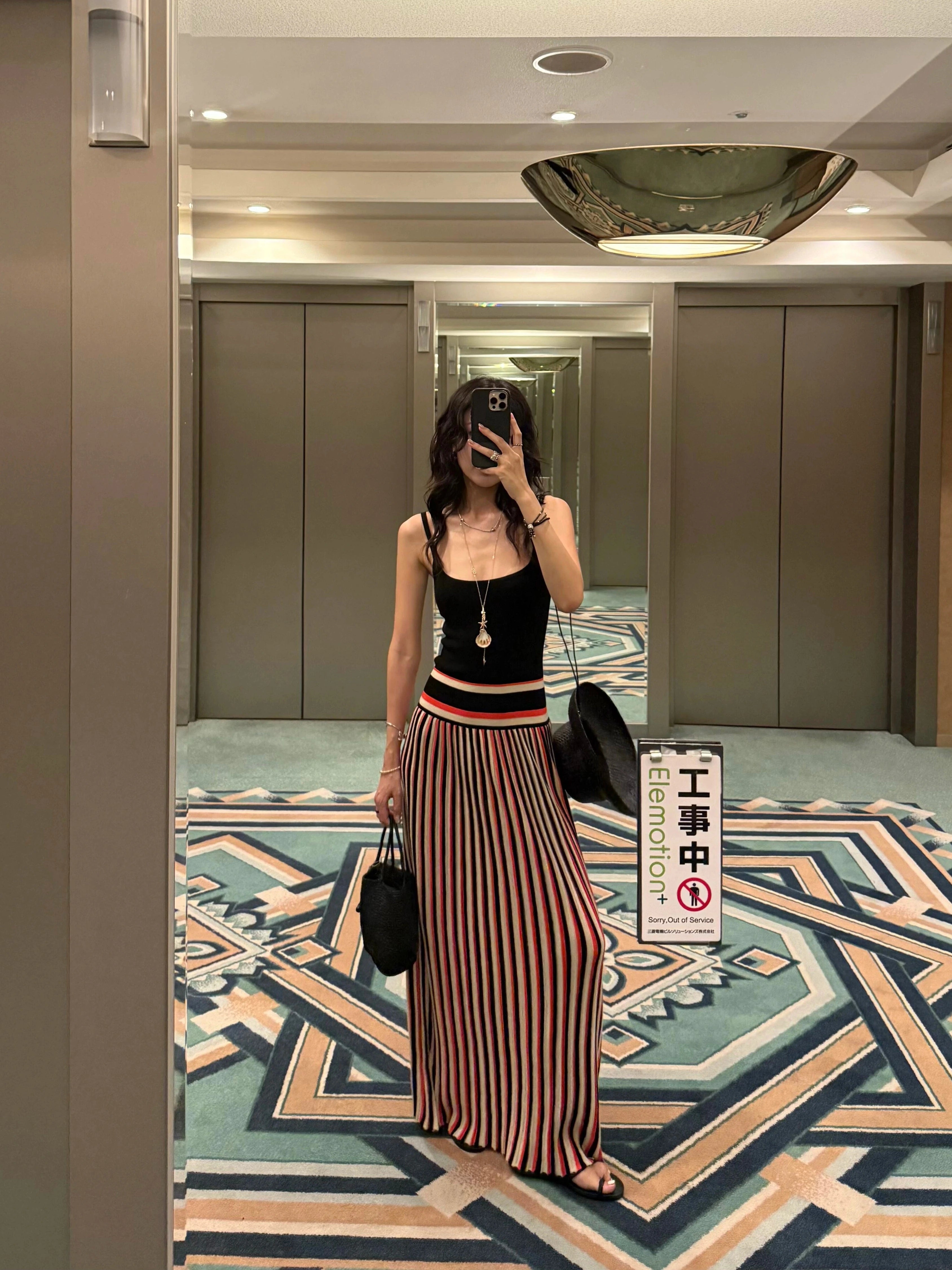 1S Retro Vertical Striped Suspender Skirt Long