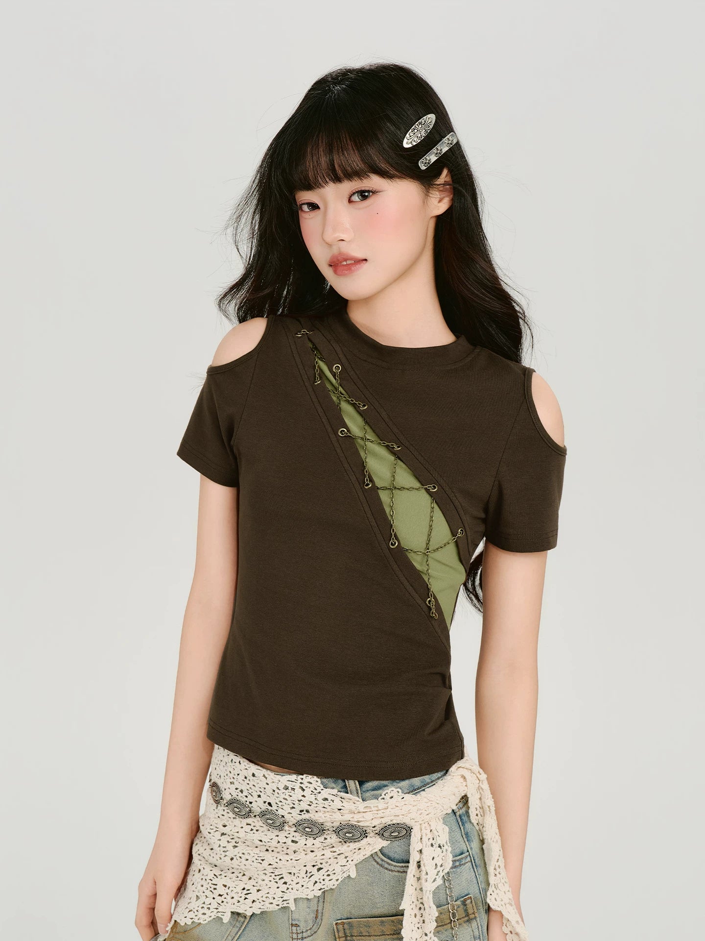 Girlyhalo Vintage Fake Two Piece Splicing Off-Shoulder Slim Tee