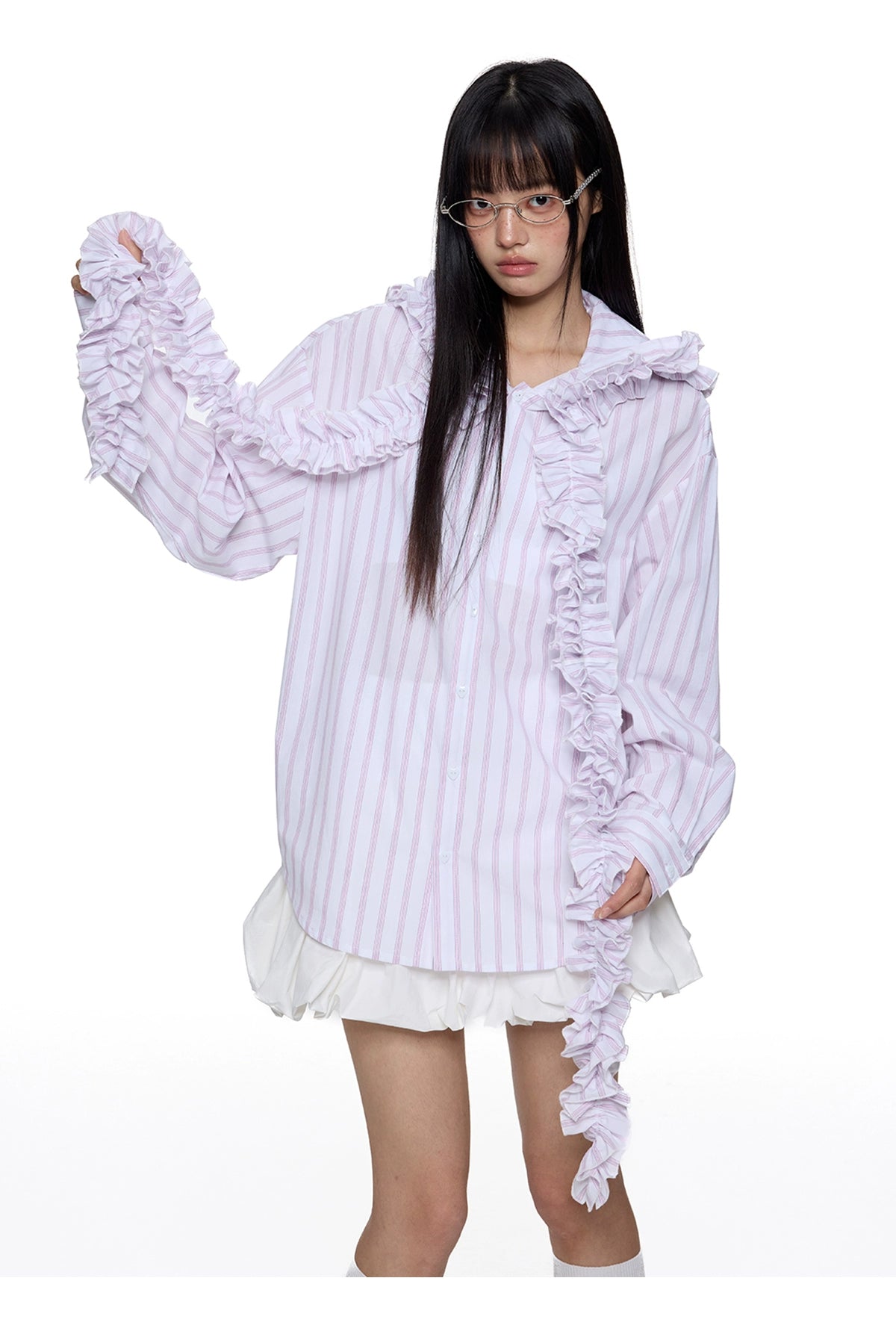 EZEK Striped Pleated Fringed Hooded Long-sleeved Shirt