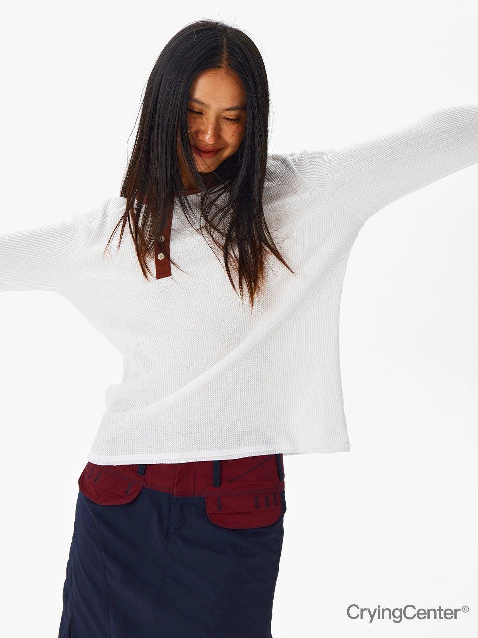 CryingCenter Waffle Diagonal Placket Two-color Button Round Neck Long Sleeve