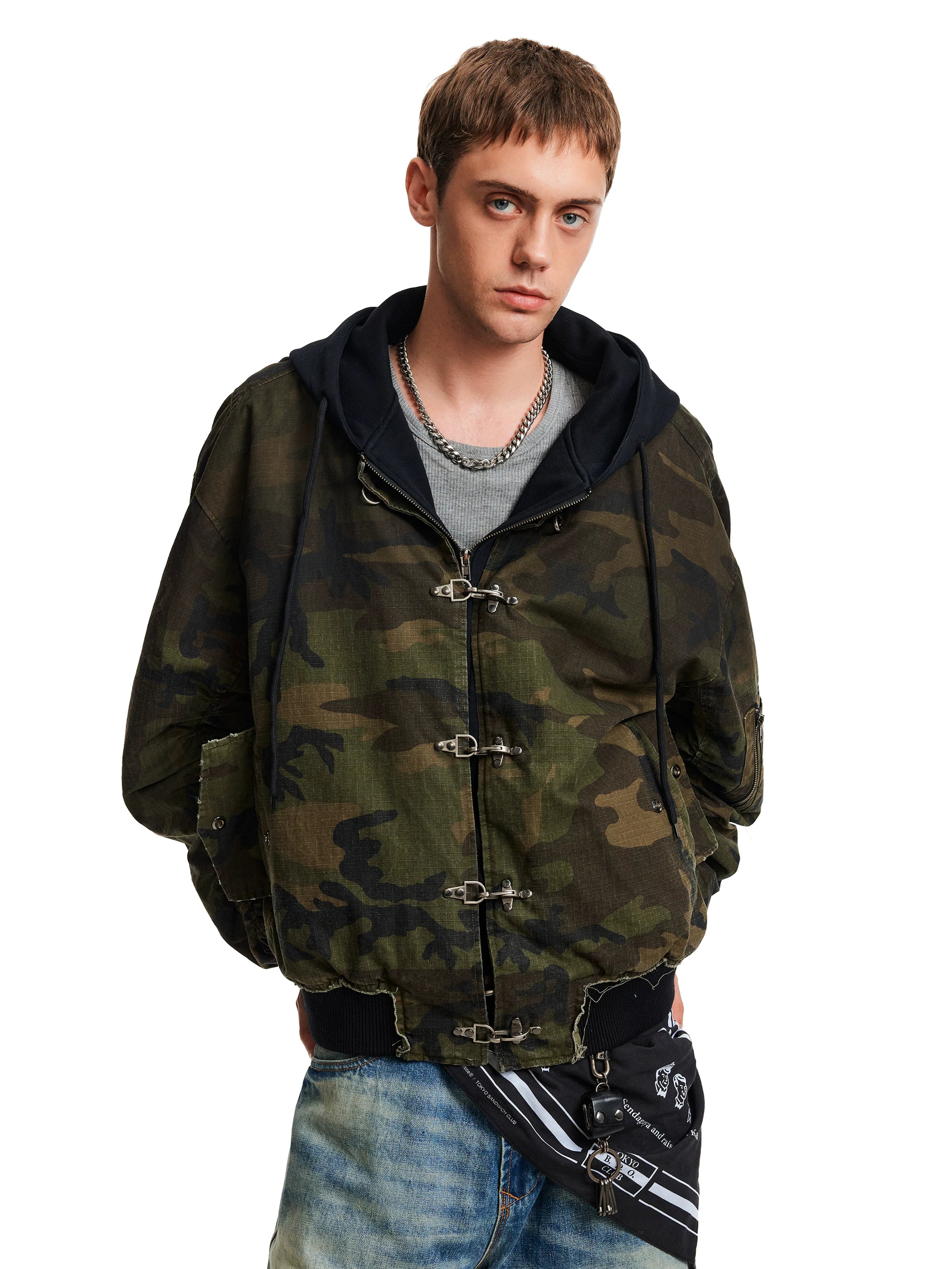 MADWITCH Retro Old Camouflage Aircraft Buckle Hooded Cotton Jacket