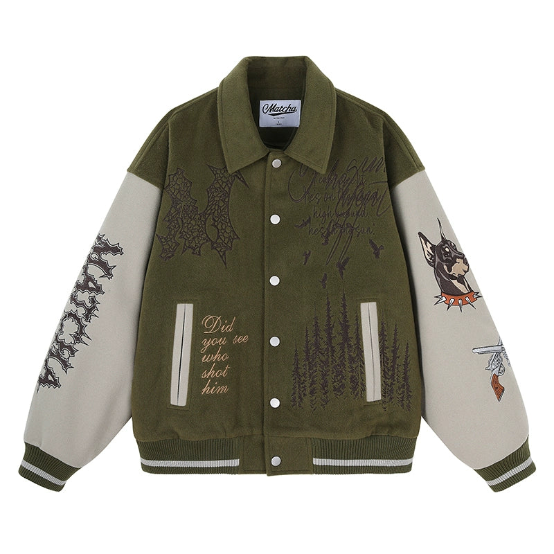 MATCHA STORY Embroidered Baseball Jacket