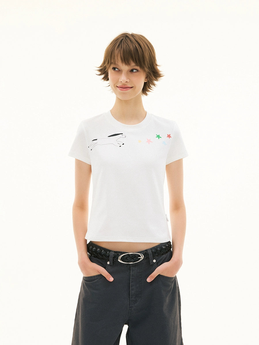 FUNKYFUN Hand-drawn Cartoon Pegasus Star Print Elastic Tee