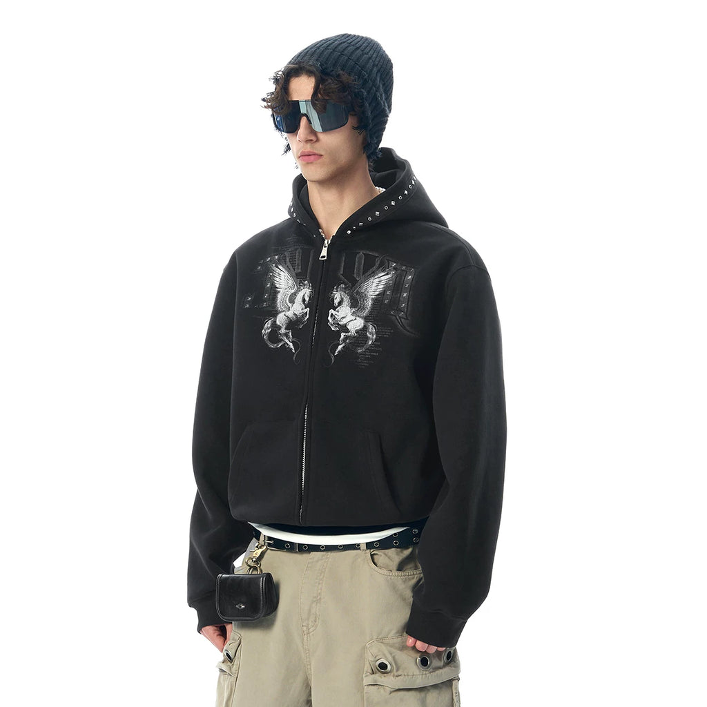 JHYQ Hooded Rivet Short Pegasus Cardigan Jacket