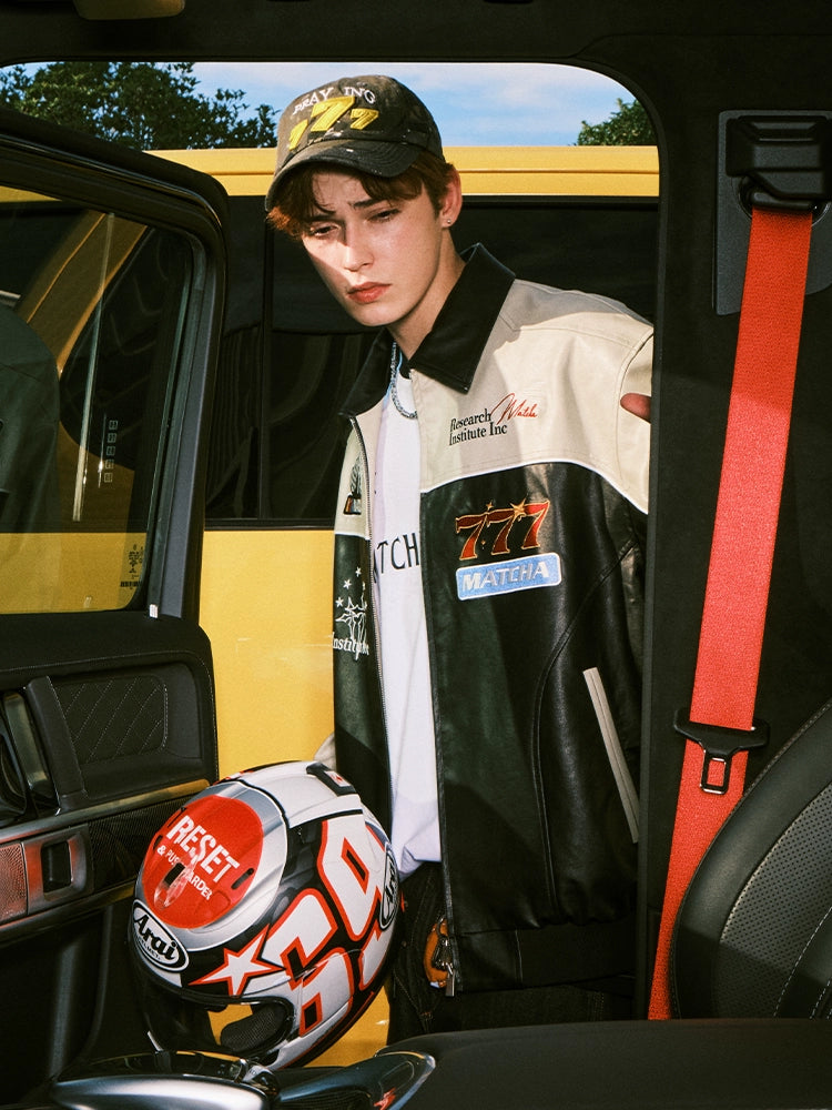 MATCHA STORY Locomotive Wind Embroidered Pu Leather Jacket