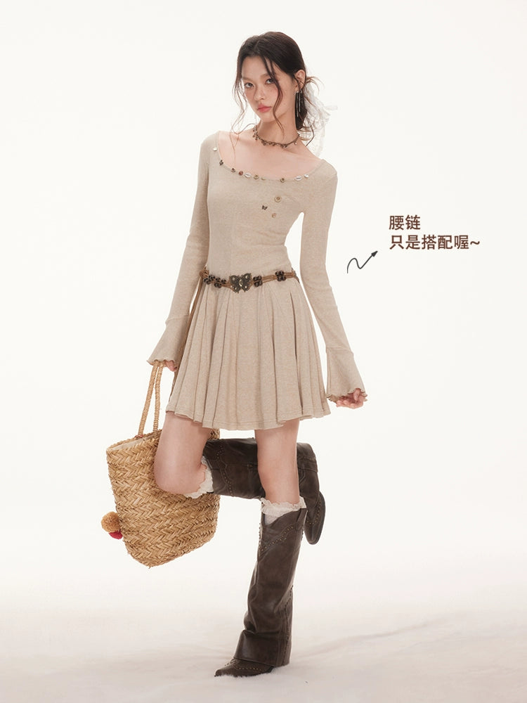 IMONE Vintage Flared Sleeve Pleated Big U-Neck Dress