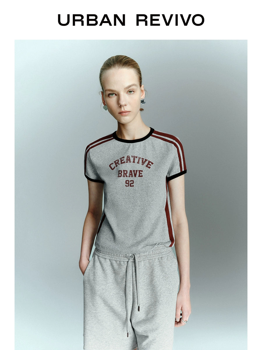 URBAN REVIVO-style Retro Contrasting Color Letter Short-sleeved T-shirt